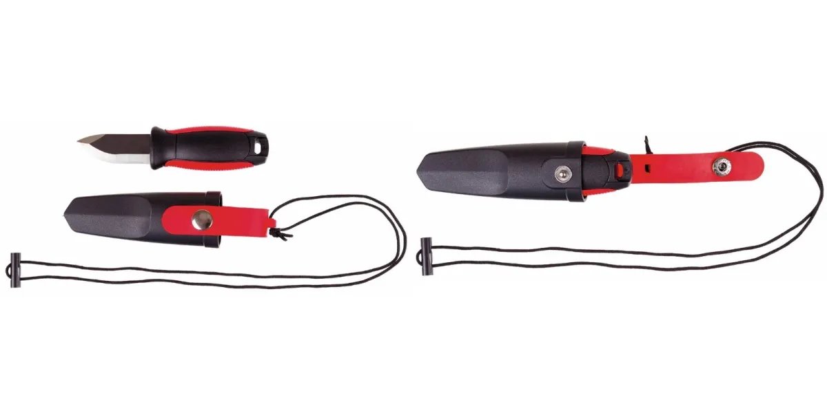 FOX OUTDOOR fekete-piros mini kés, 14,5cm, műanyag markolattal és tokkal (8752)