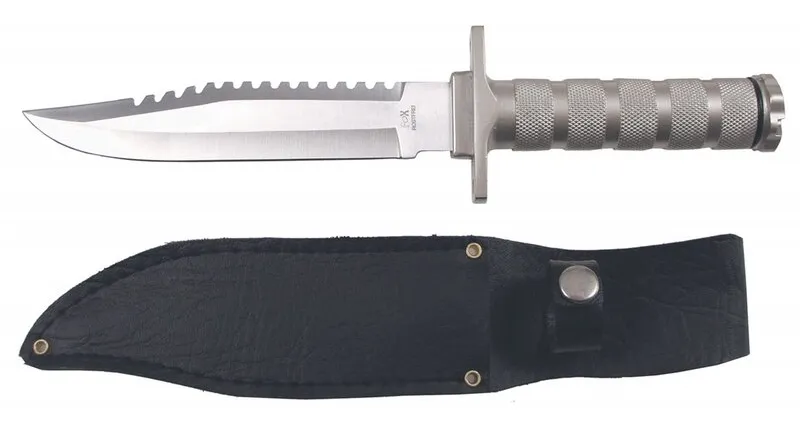 Nůž na přežití s pouzdrem stříbrný Fox outdoor s kompasem, lankem a háčkem na ryby (8737)